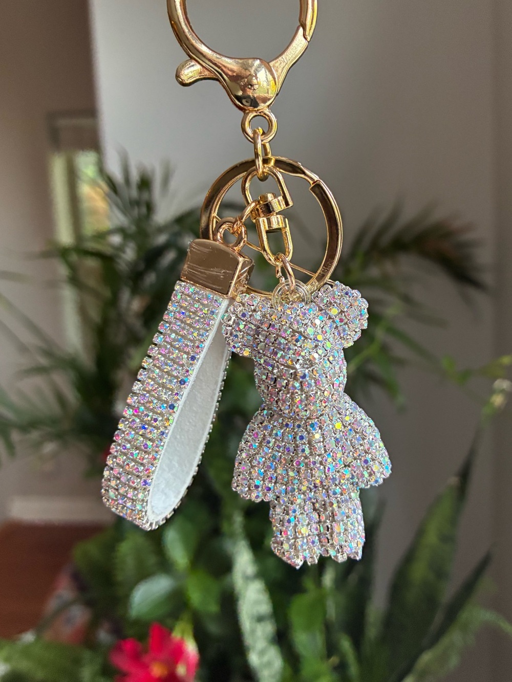 Iridescent Crystal Bear Bag Charm Keychain, Silver / Gold, NWOT